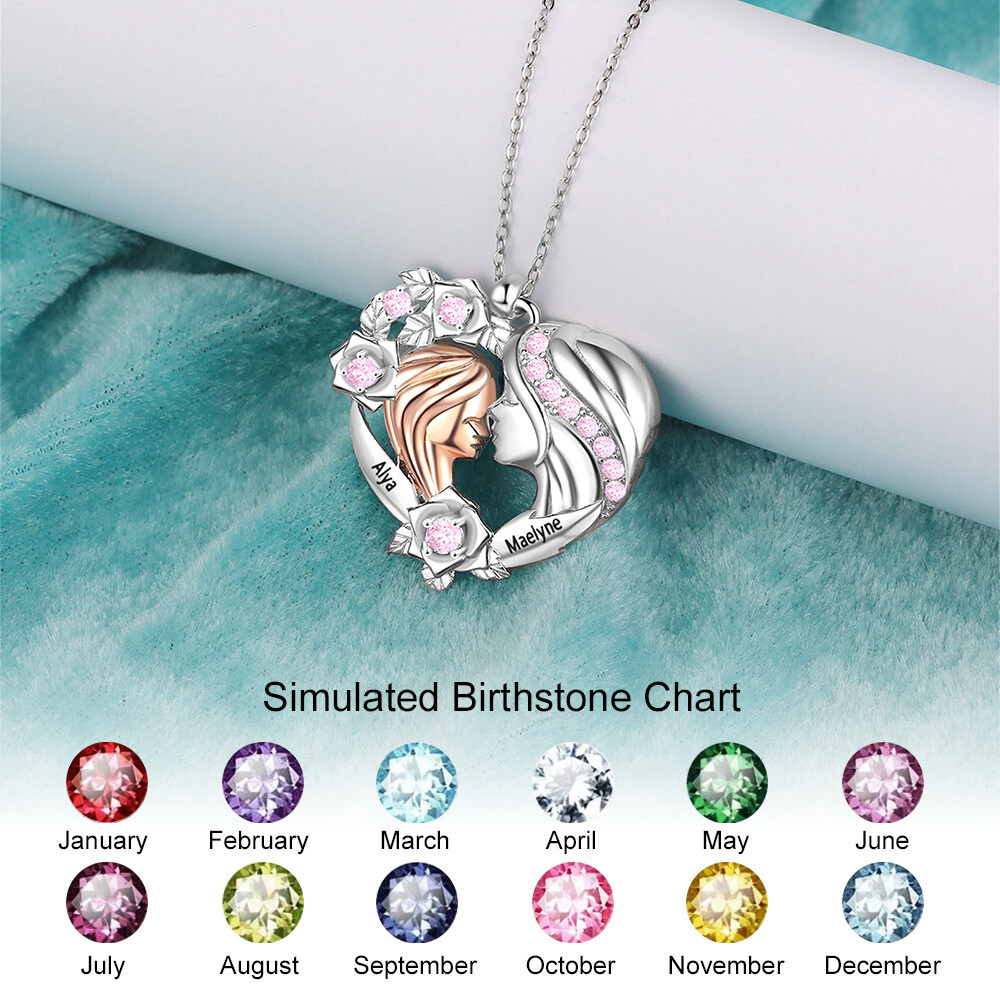 Sterling Silver Round Blue Cubic Zircon Mother With Daughter Personalised Engraving With Birthstone Pendant Necklace For Women-2