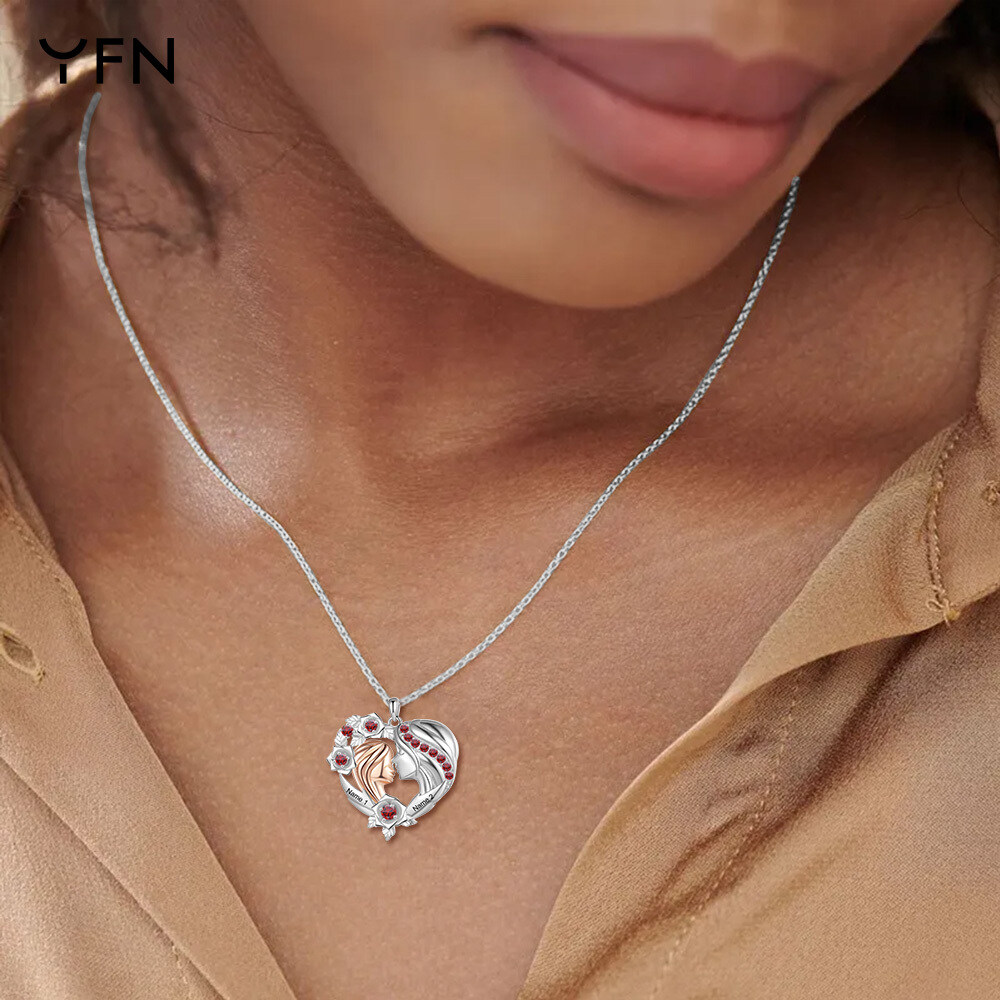 Sterling Silver Round Blue Cubic Zircon Mother With Daughter Personalised Engraving With Birthstone Pendant Necklace For Women-3