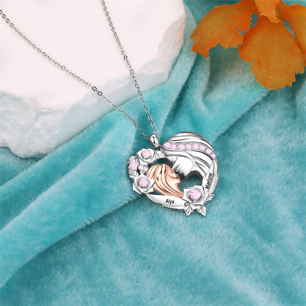 Sterling Silver Round Blue Cubic Zircon Mother With Daughter Personalised Engraving With Birthstone Pendant Necklace For Women-4