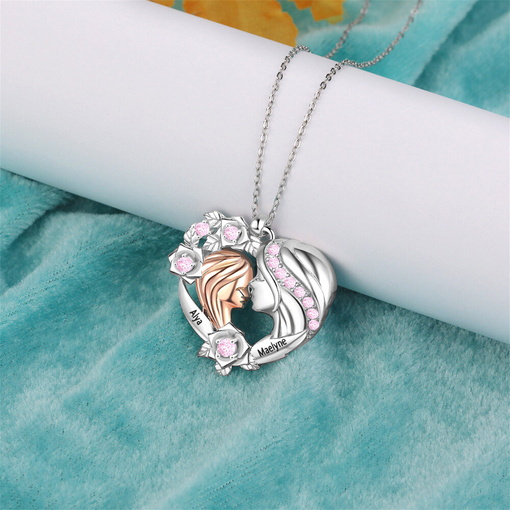 Sterling Silver Round Blue Cubic Zircon Mother With Daughter Personalised Engraving With Birthstone Pendant Necklace For Women-5