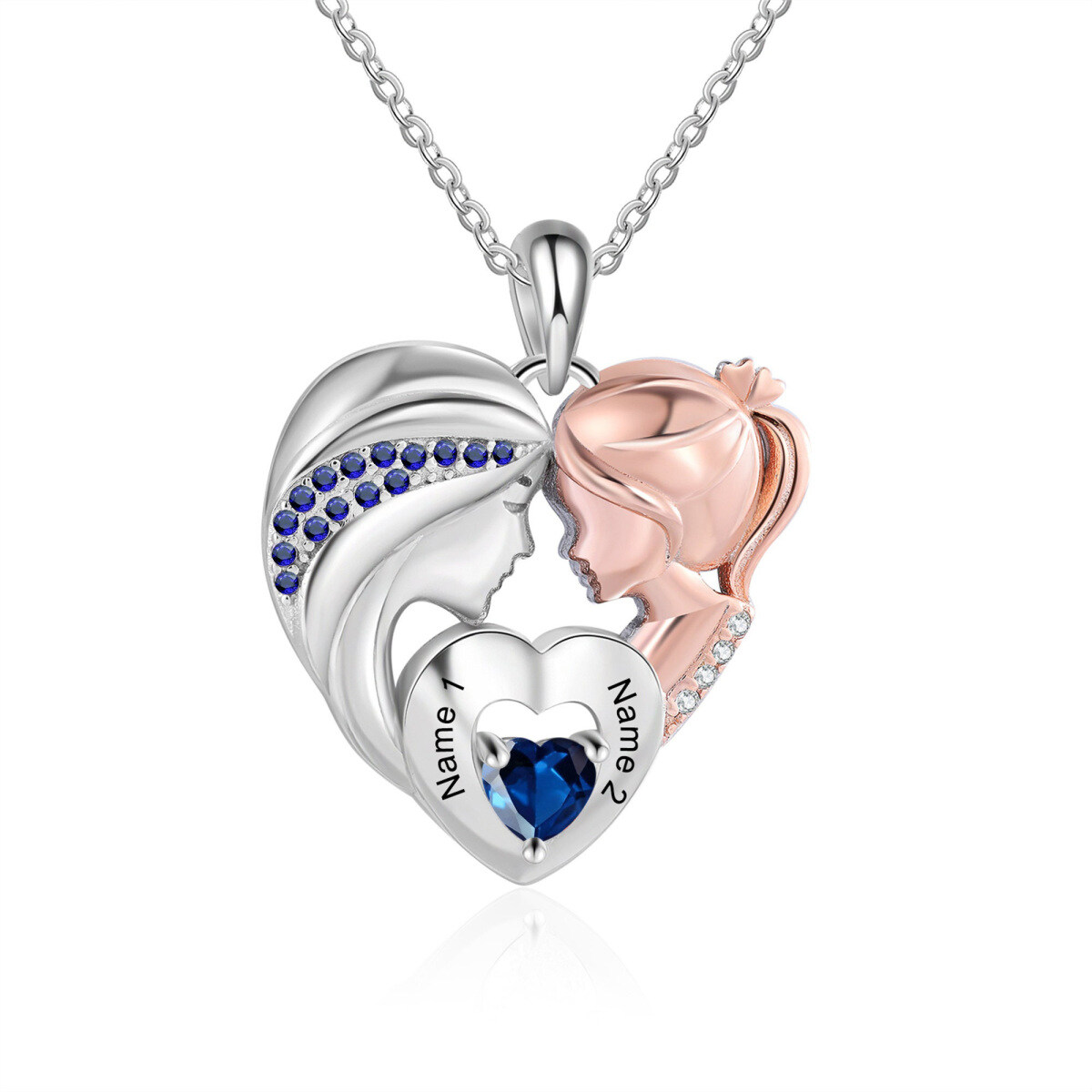 Plata de ley de circonio cúbico personalizado grabado Madre e Hija Corazón Collar Colgante-1