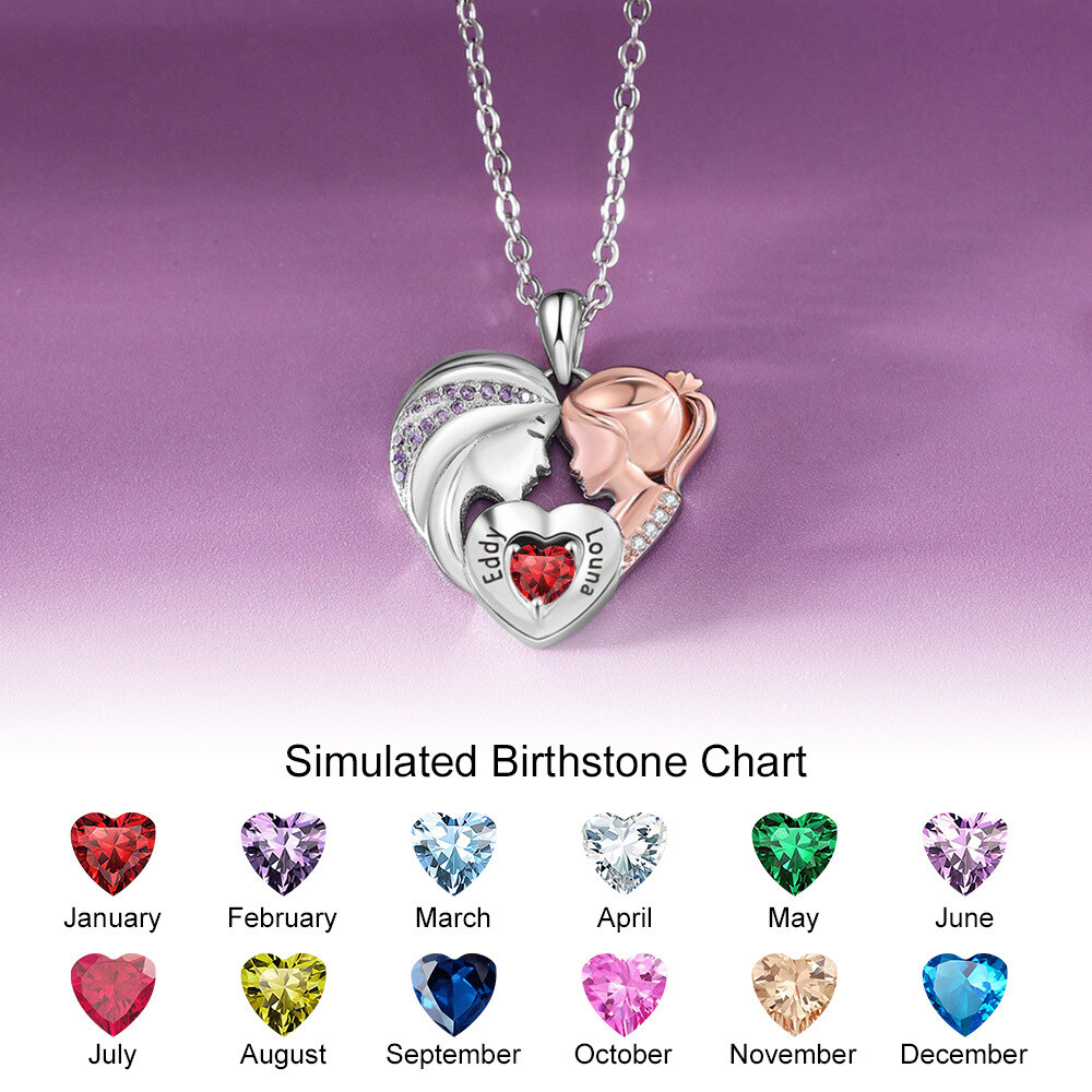 Sterling Silver Cubic Zirconia Personalized Engraving Mother & Daughter Heart Pendant Necklace-3