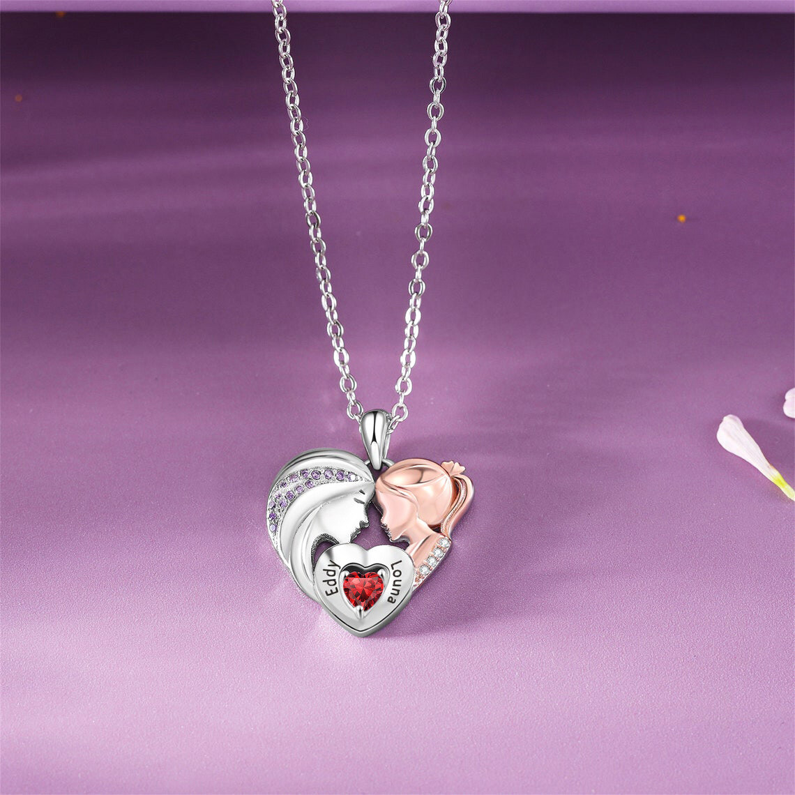 Plata de ley de circonio cúbico personalizado grabado Madre e Hija Corazón Collar Colgante-4