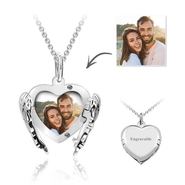 Sterling Silver Personalized Engraving & Personalized Photo & Angel Wing Personalized Photo Locket Necklace-1