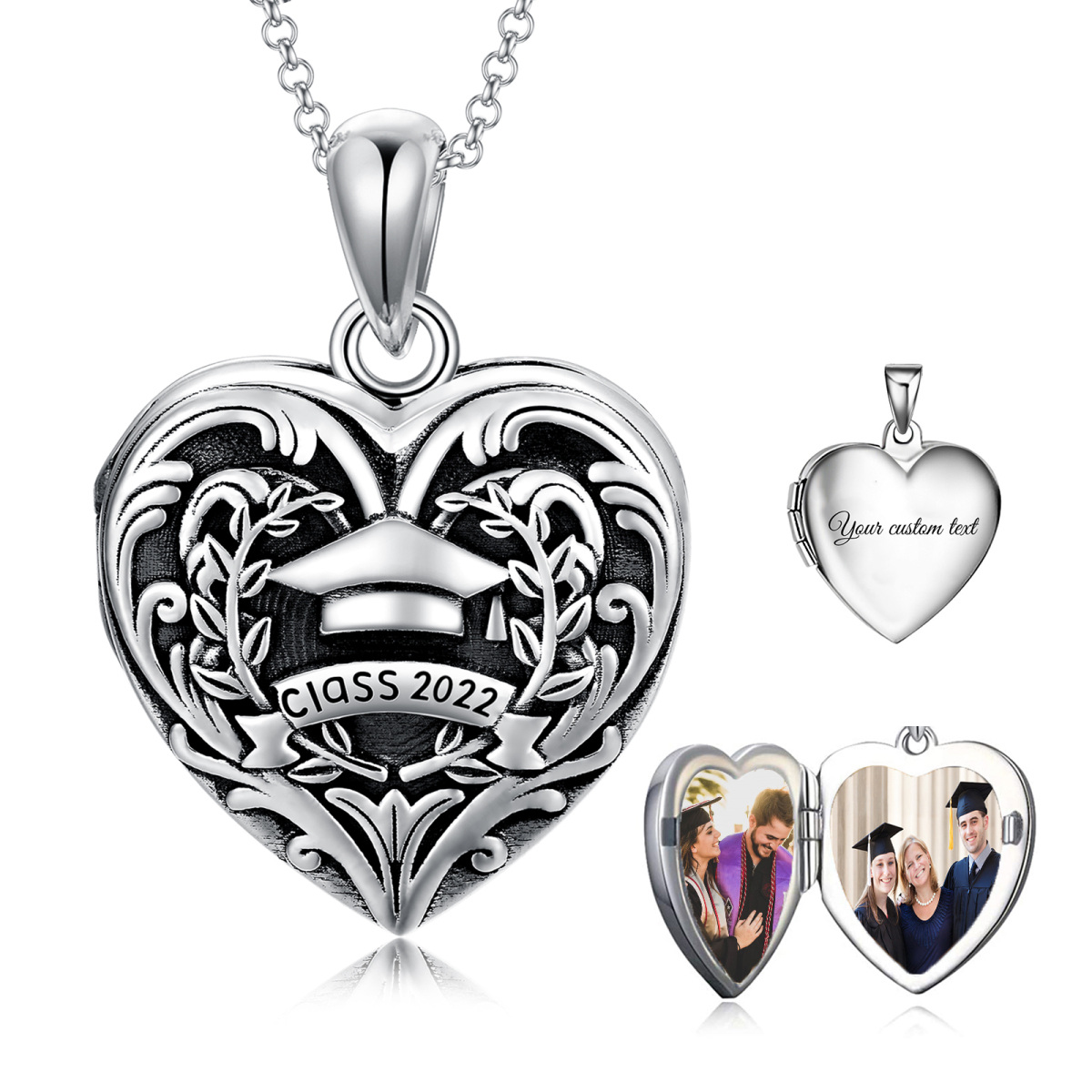 Sterling Silver Personalized Engraving & Personalized Photo & Heart & Trencher Cap Personalized Photo Locket Necklace-1