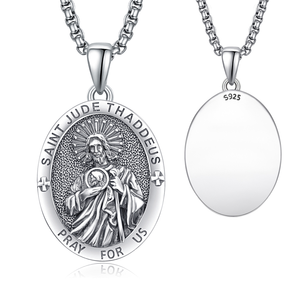 Sterling Silver Personalized Engraving & Saint Jude Pendant Necklace with Engraved Word-1