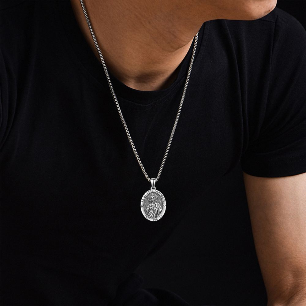 Sterling Silver Personalized Engraving & Saint Jude Pendant Necklace with Engraved Word-2