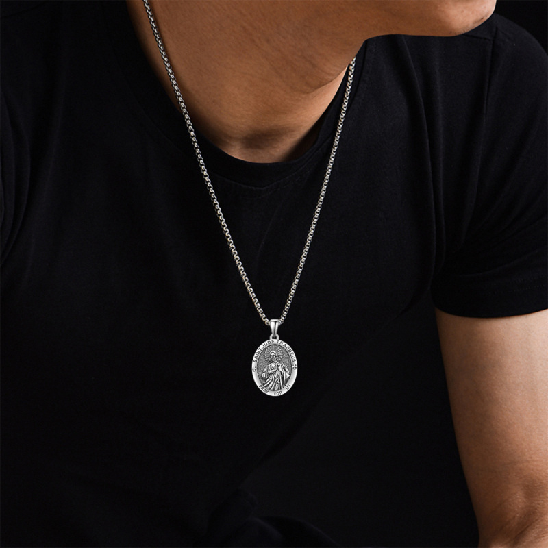 Sterling Silver Personalized Engraving & Saint Jude Pendant Necklace with Engraved Word-2