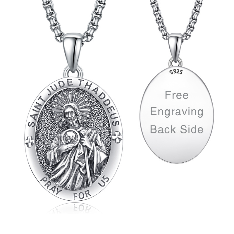 Sterling Silver Personalized Engraving & Saint Jude Pendant Necklace with Engraved Word-3