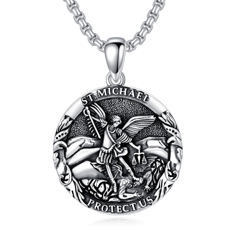 Sterling Zilveren Gepersonaliseerde Gravure Sint-Michaël Hanger Ketting met Gegraveerd Woord voor Mannen-1