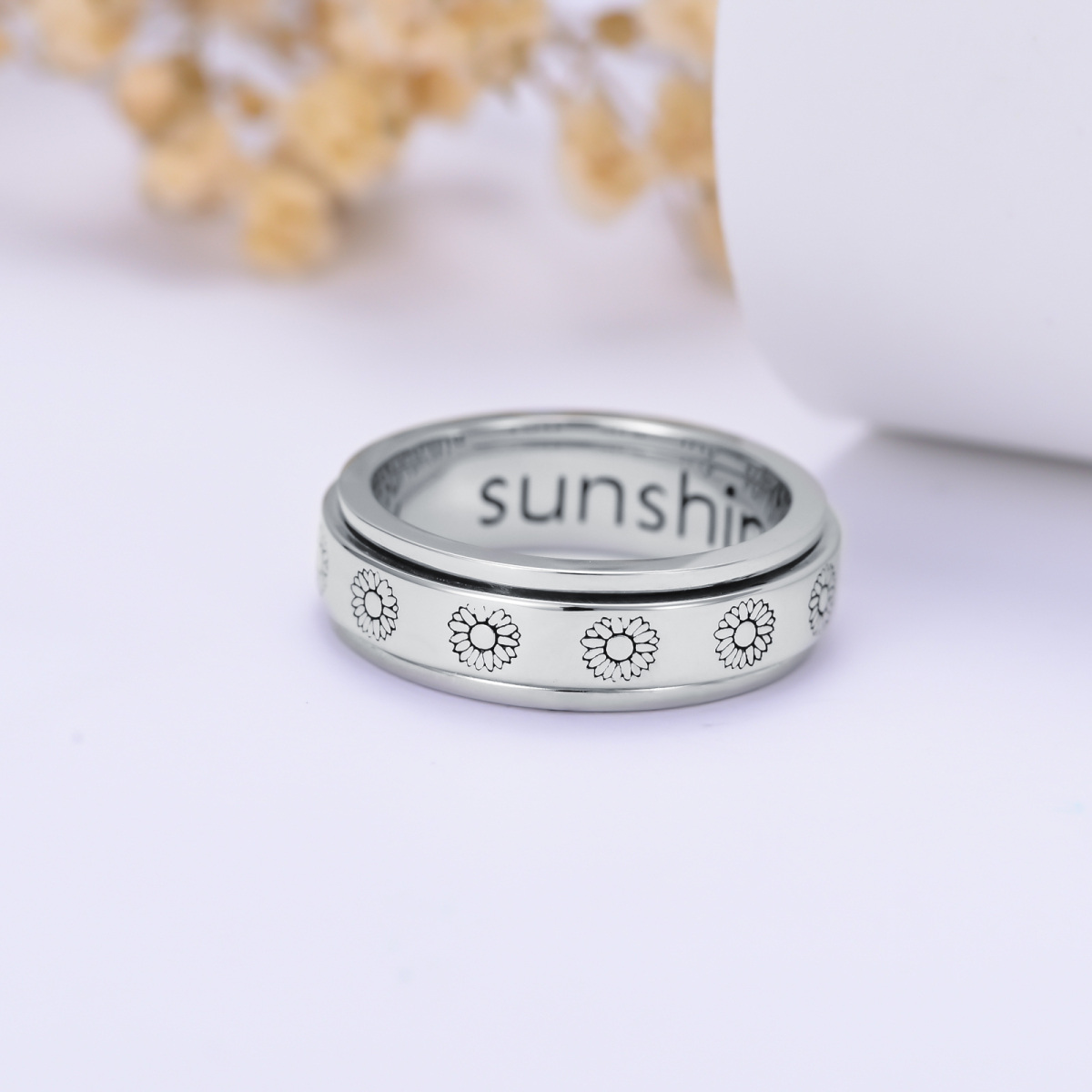 Sterling Silver & Personalized Engraving Sunflower Ring-3