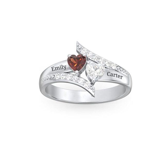 Sterling Silver Personalized Heart Birthstone Engraving Engagement Ring-1