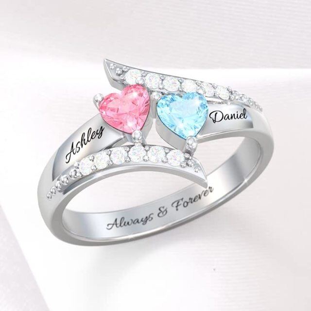 Anillo de compromiso personalizado con grabado de piedra natal de corazón en plata de ley-3