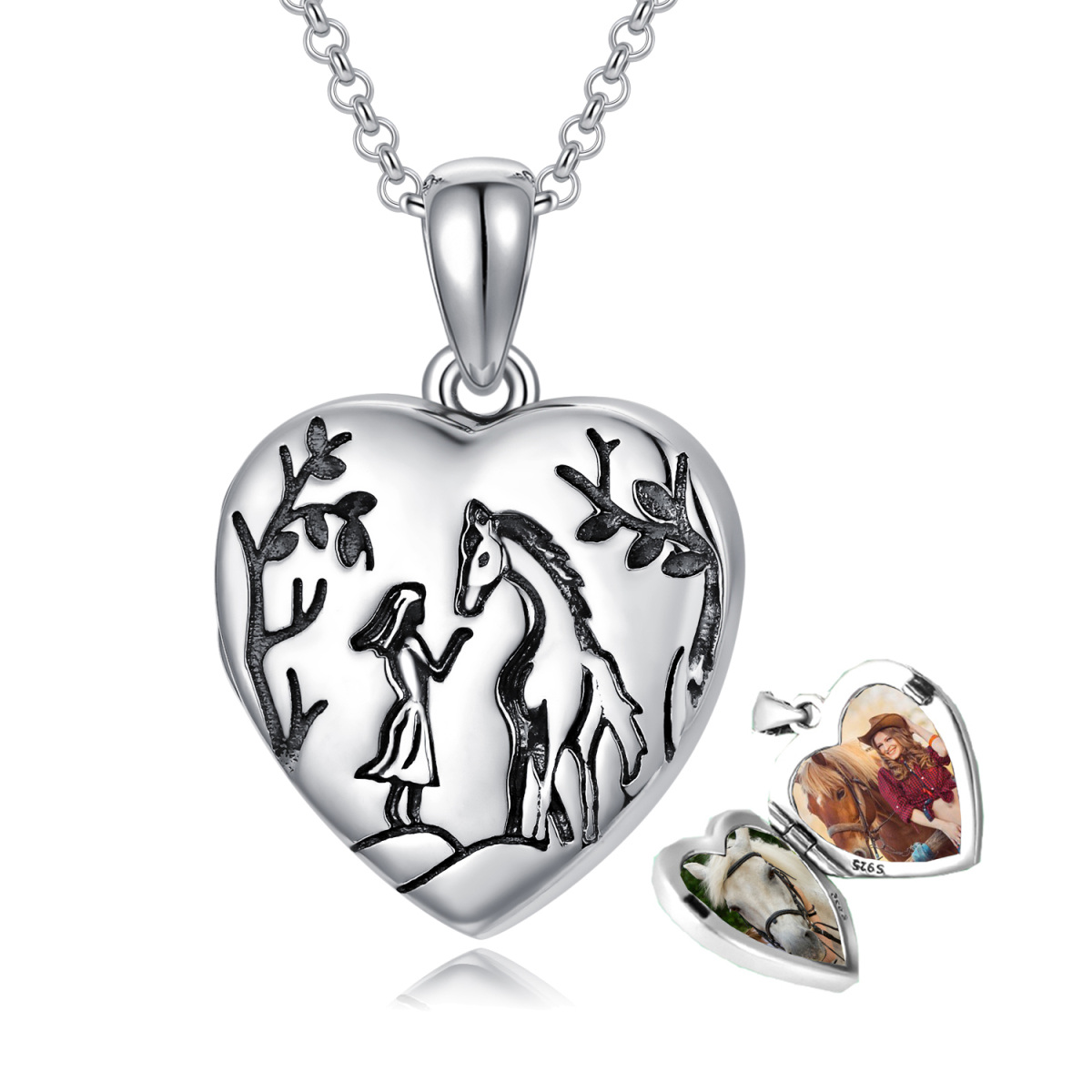 Collier médaillon photo personnalisé coeur et cheval en argent sterling 925 pour femme-1