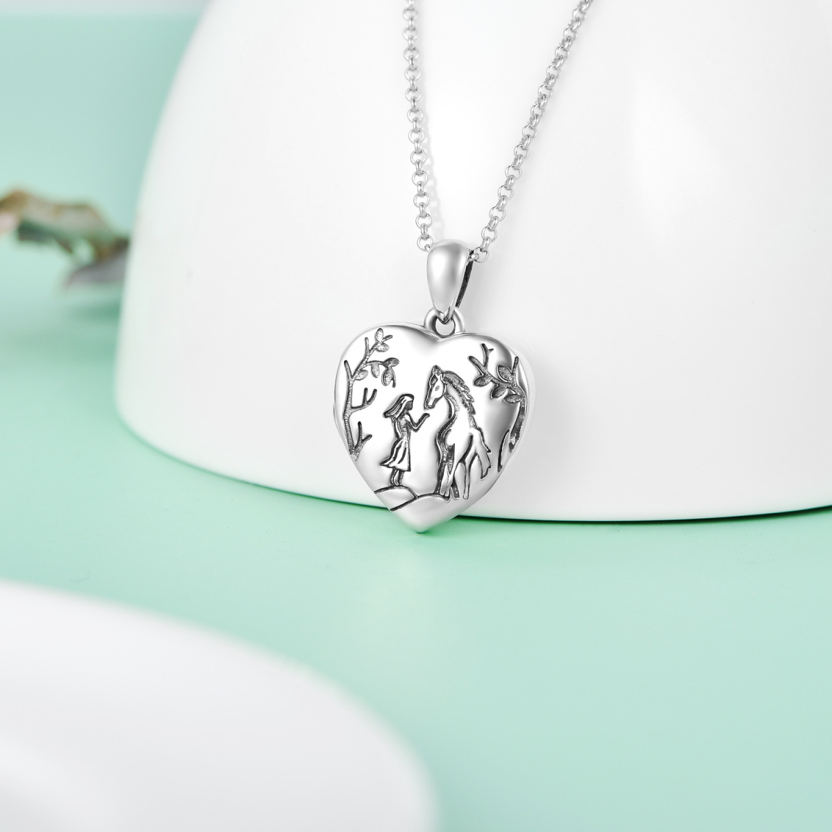 925 sterling zilveren hart en paard gepersonaliseerde medaillonketting met foto voor dames-2