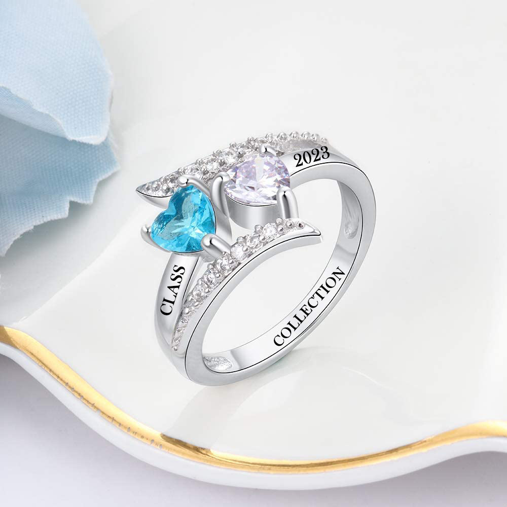 Bague de classe en argent sterling personnalisée avec des pierres de naissance en forme de coeur-3
