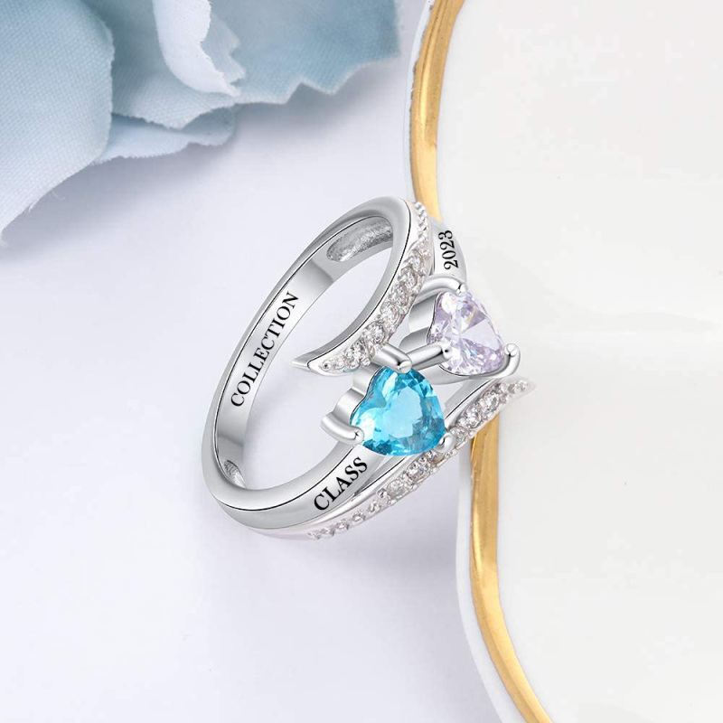 Bague de classe en argent sterling personnalisée avec des pierres de naissance en forme de coeur-4