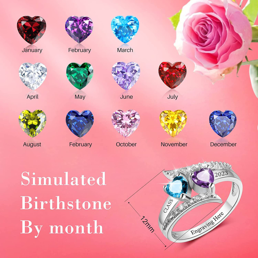 Bague de classe en argent sterling personnalisée avec des pierres de naissance en forme de coeur-5