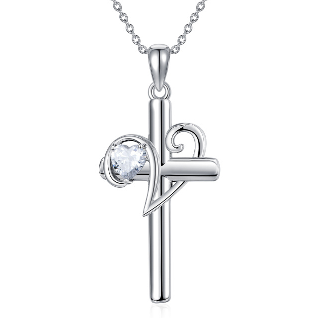 Sterling Silver Cubic Zirconia Personalized Initial Letter & Cross Pendant Necklace-1