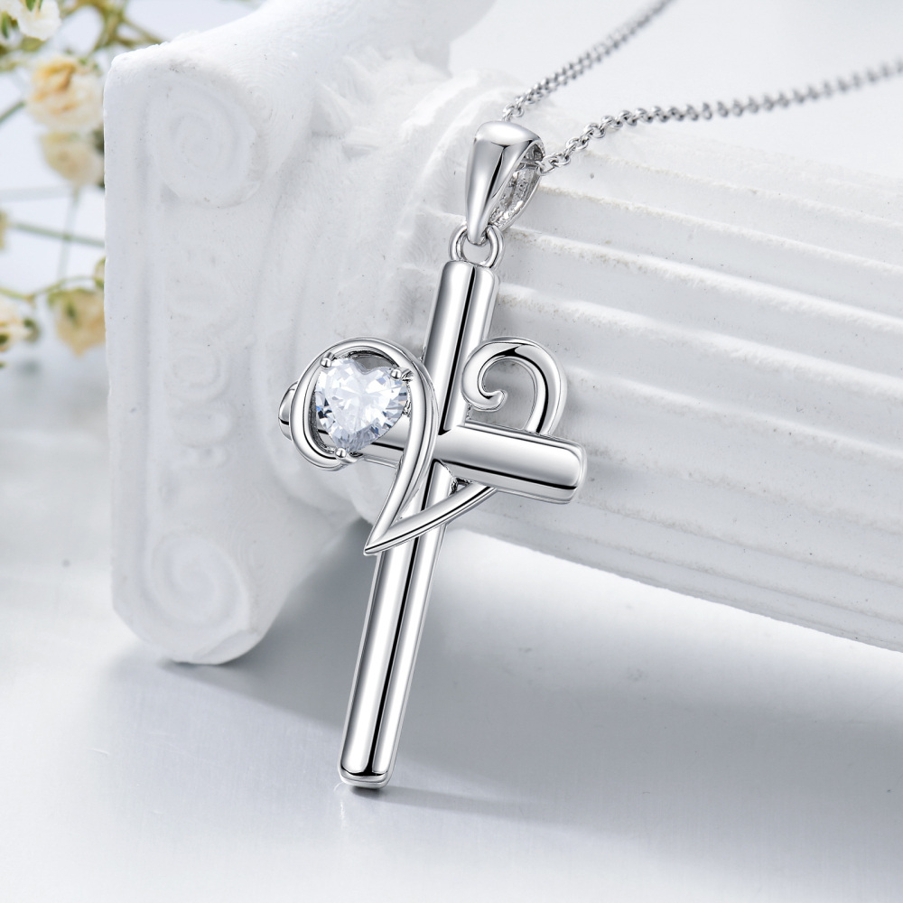 Sterling Silver Cubic Zirconia Cross Pendant Necklace-3