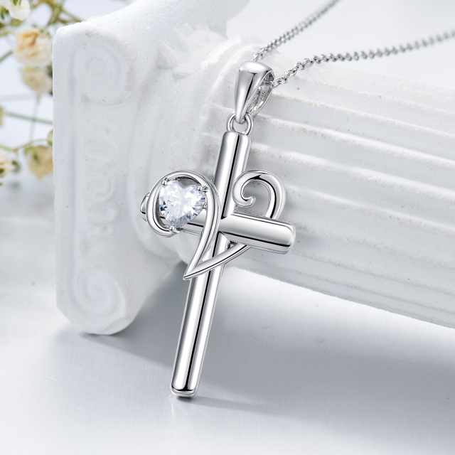 Sterling Silver Cubic Zirconia Personalized Initial Letter & Cross Pendant Necklace-3