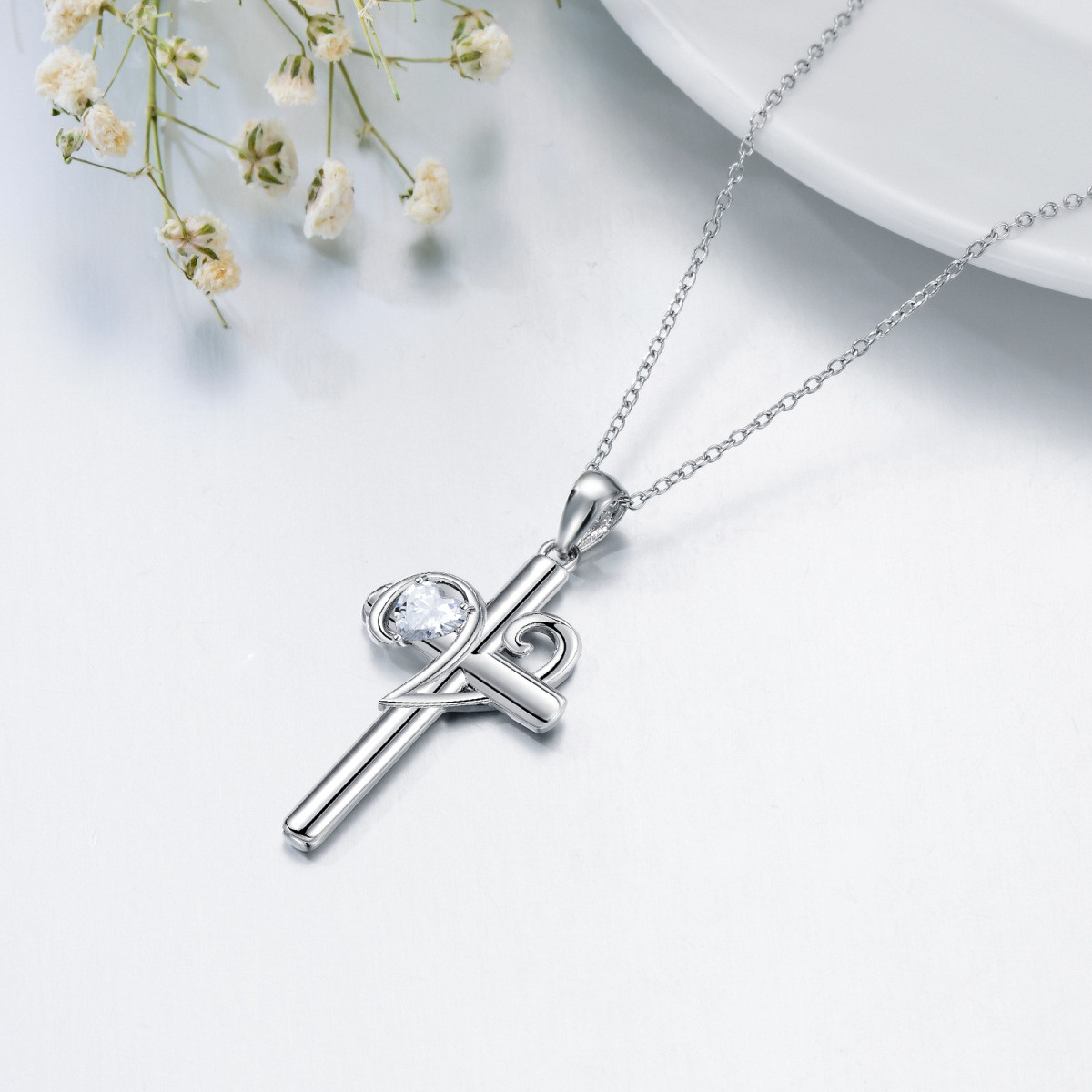 Sterling zilveren zirkonia gepersonaliseerde eerste letter kruis hanger ketting-4