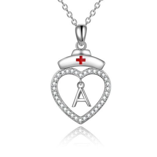 Collana con pendente a cuore con lettera iniziale dell'infermiera in argento sterling con zirconi cubici con la lettera A iniziale per infermiera