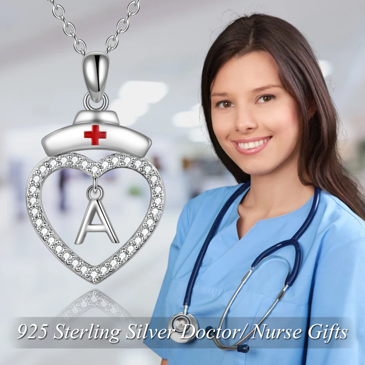 Sterling Silver Cubic Zirconia Nurse Initial Letter Heart Pendant Necklace With Initial Letter A For Nurse-6