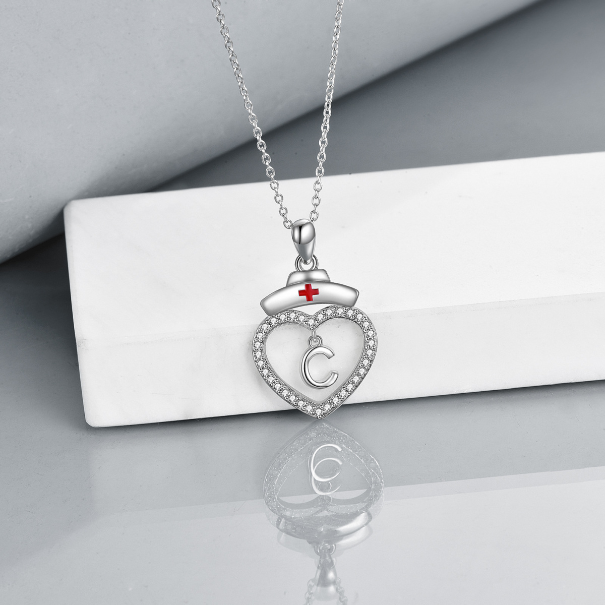 Sterling Silver Cubic Zirconia Personalized Initial Letter Pendant Necklace with Initial Letter C-3