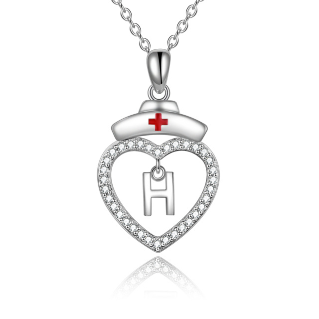 Collana con ciondolo con lettera iniziale personalizzata in argento sterling con zirconia cubica e lettera iniziale H-1