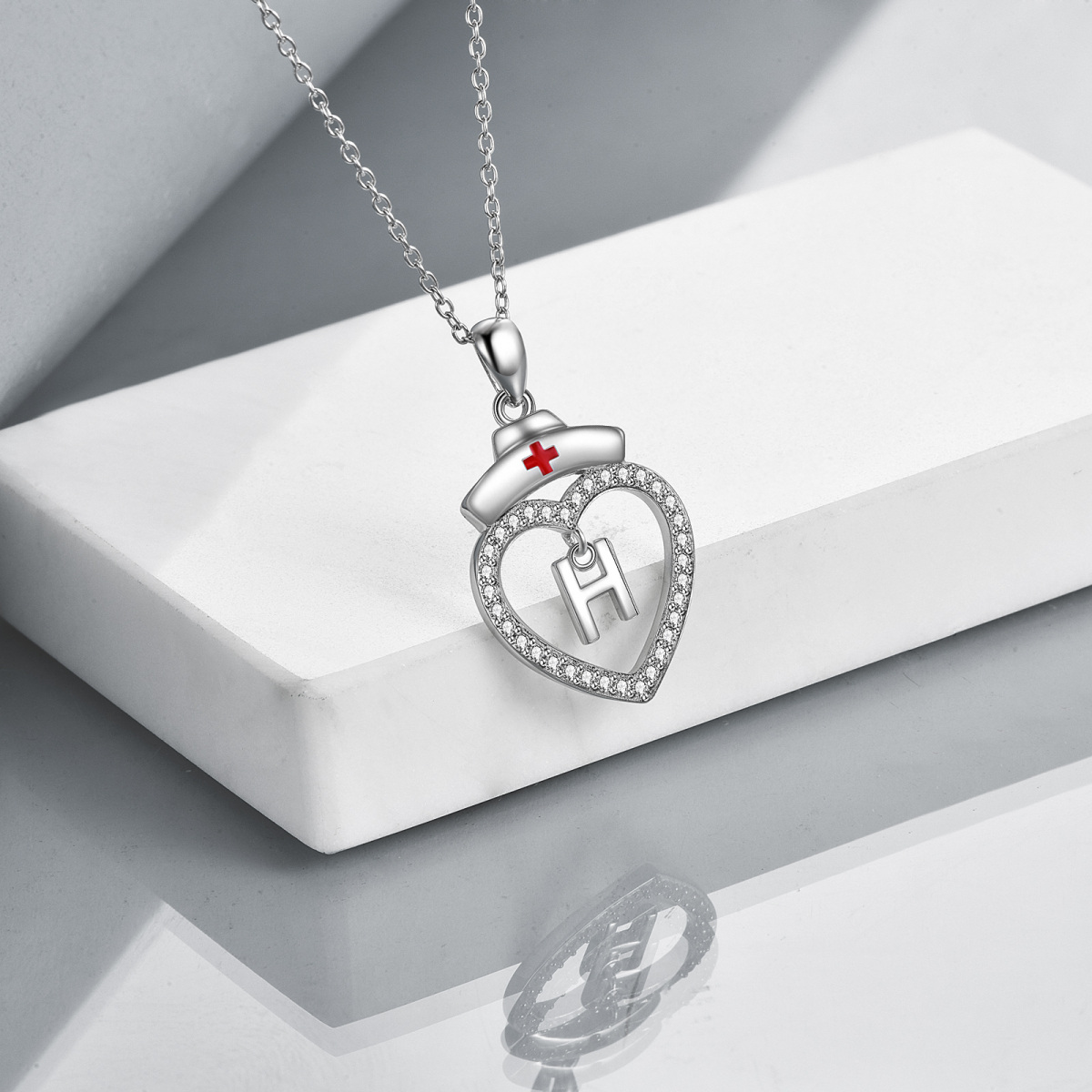 Sterling Silver Cubic Zirconia Personalized Initial Letter Pendant Necklace with Initial Letter H-4