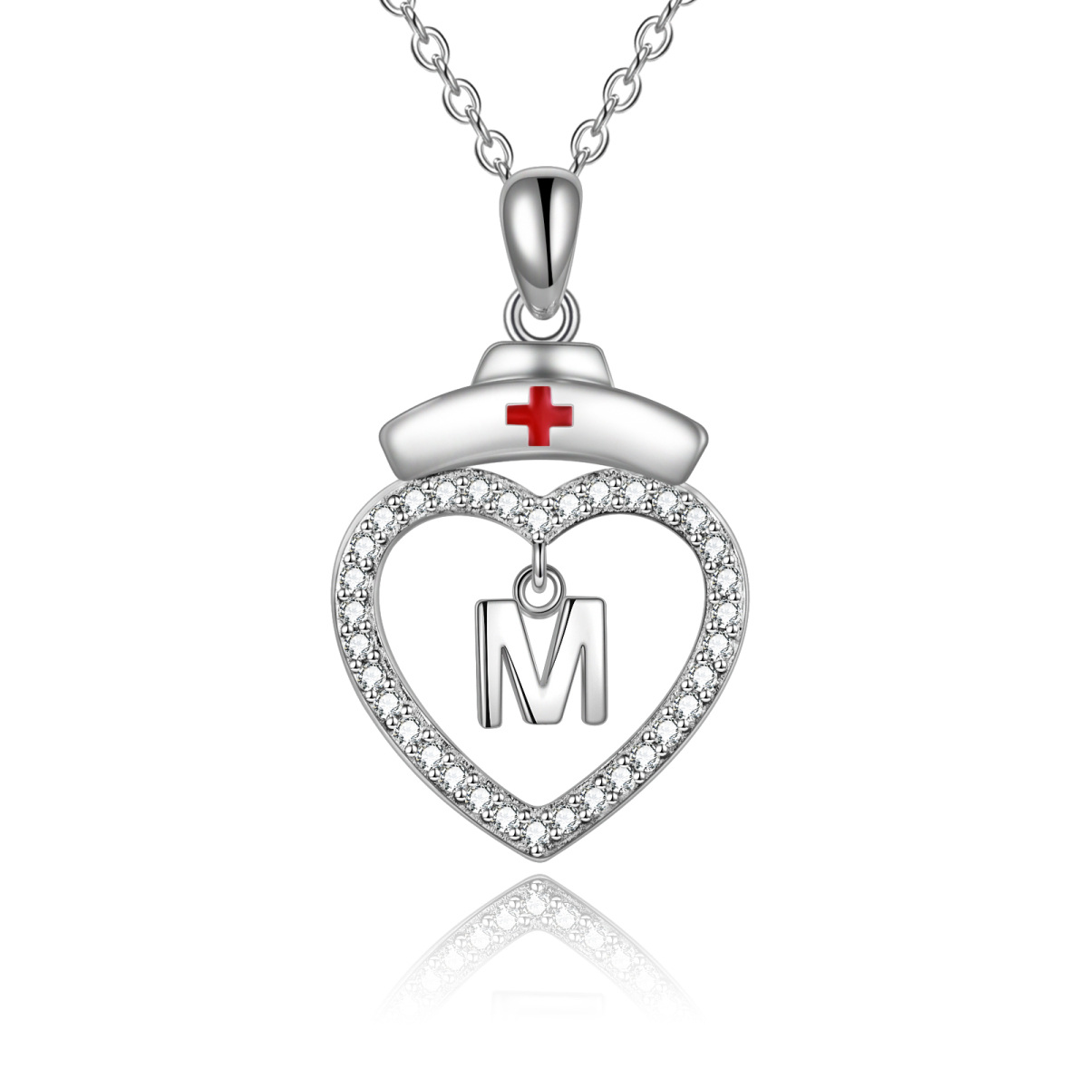 Sterling Silver Cubic Zirconia Personalized Initial Letter Pendant Necklace with Initial Letter M-1