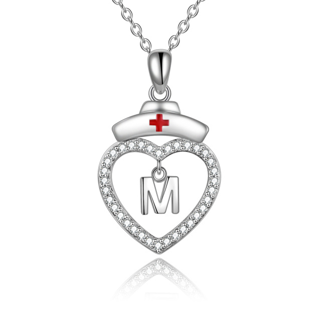 Collana con ciondolo con lettera iniziale personalizzata in argento sterling e zirconi con lettera iniziale M-1