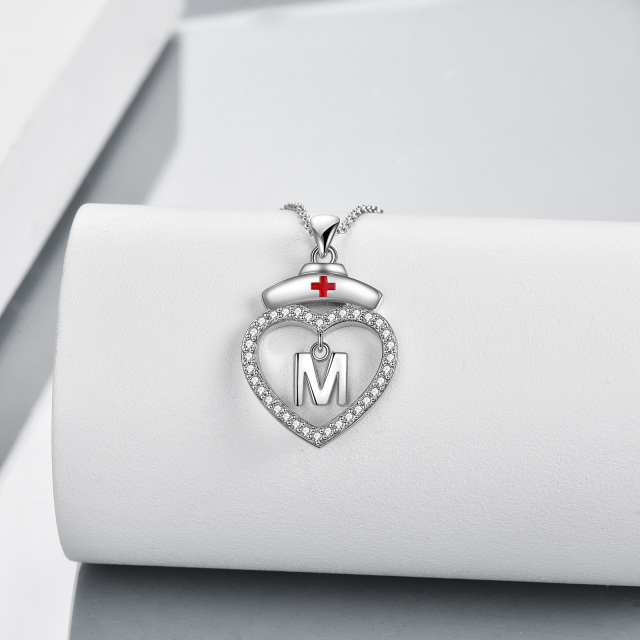 Sterling Silver Cubic Zirconia Personalized Initial Letter Pendant Necklace with Initial Letter M-3