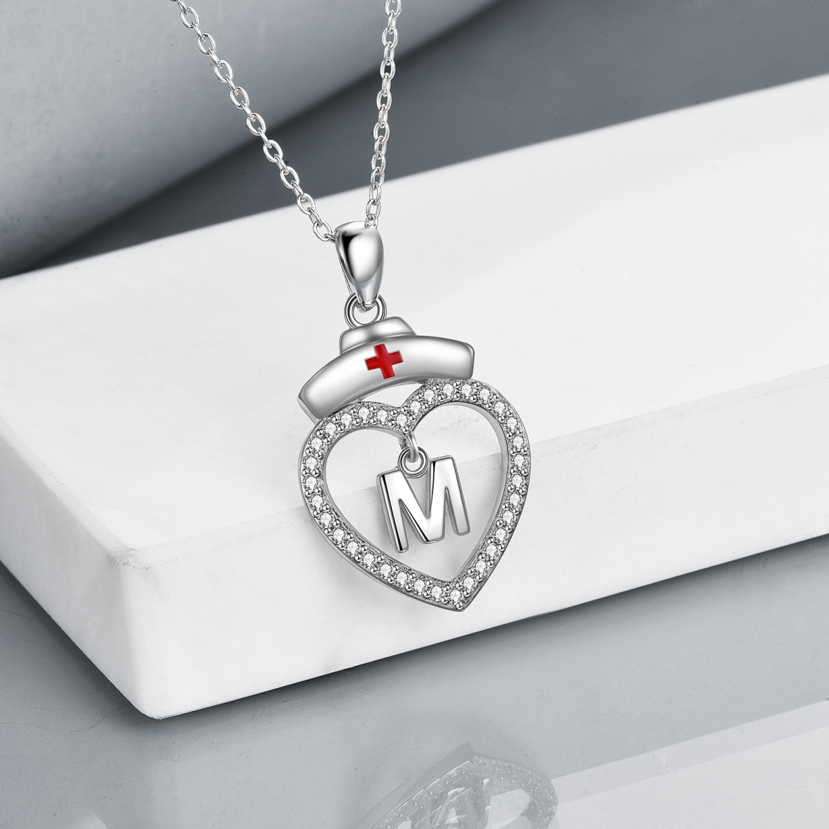 Sterling Silver Cubic Zirconia Personalized Initial Letter Pendant Necklace with Initial Letter M-4