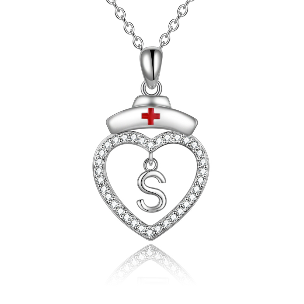 Sterling Silver Cubic Zirconia Nurse Initial Letter Heart Pendant Necklace With Initial Letter S For Nurse-1