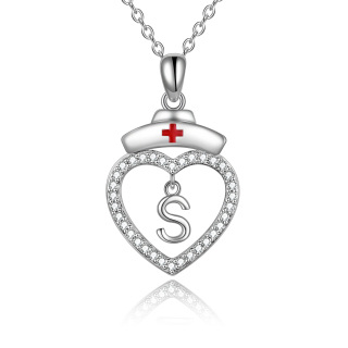 Sterling Silver Cubic Zirconia Nurse Initial Letter Heart Pendant Necklace With Initial Letter S For Nurse-3