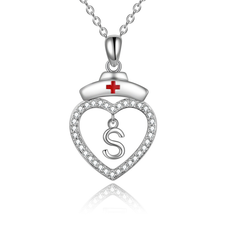 Sterling Silver Cubic Zirconia Nurse Initial Letter Heart Pendant Necklace With Initial Letter S For Nurse-6