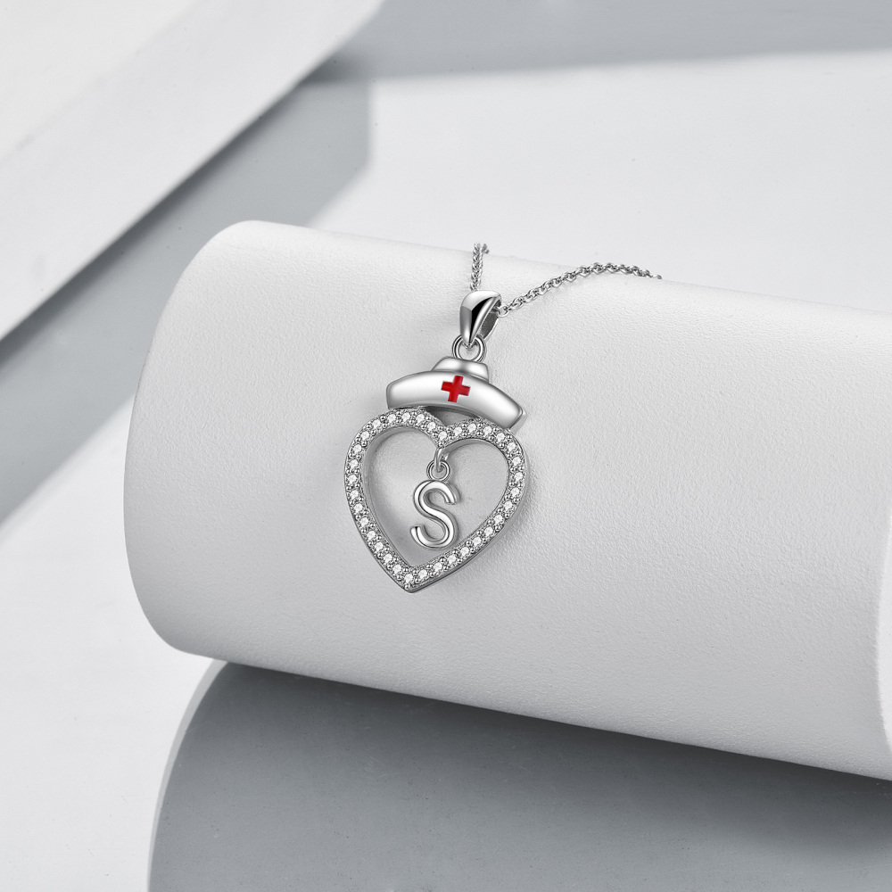 Sterling Silver Cubic Zirconia Nurse Initial Letter Heart Pendant Necklace With Initial Letter S For Nurse-3