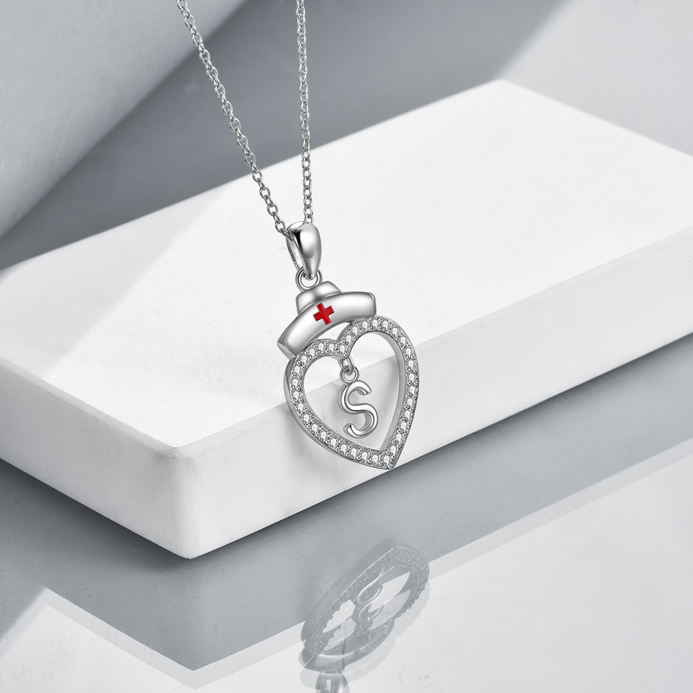 Sterling Silver Cubic Zirconia Nurse Initial Letter Heart Pendant Necklace With Initial Letter S For Nurse-4