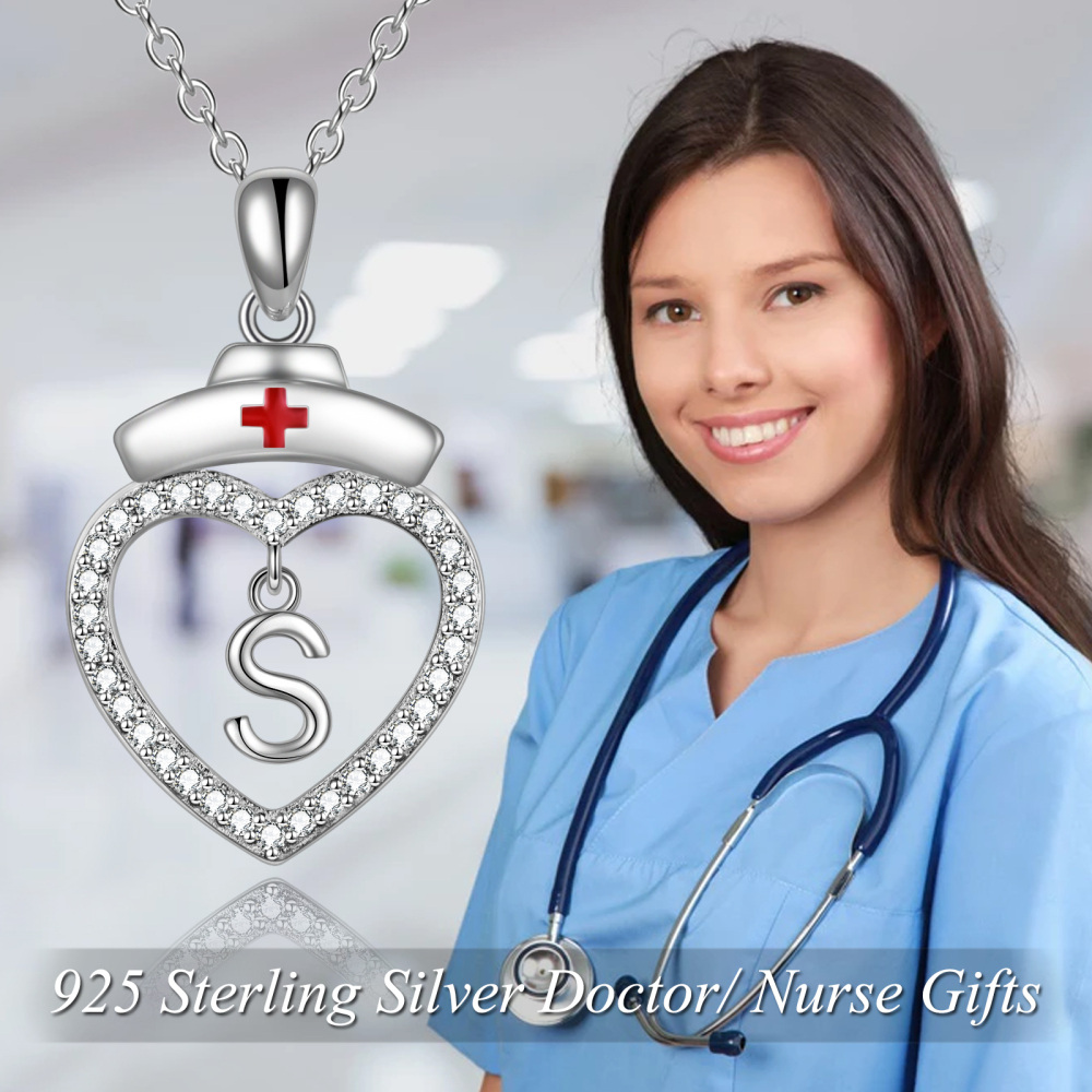 Sterling Silver Cubic Zirconia Nurse Initial Letter Heart Pendant Necklace With Initial Letter S For Nurse-6