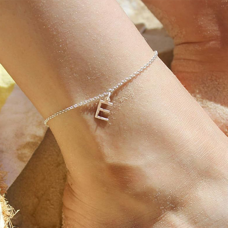 Sterling Silver Personalized Initial Letter Single Layer Charm Anklet for Women-3