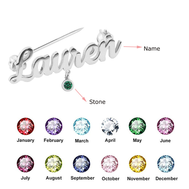 Sterling Silver Personalized Name& Birthstone Brooch for Women-3