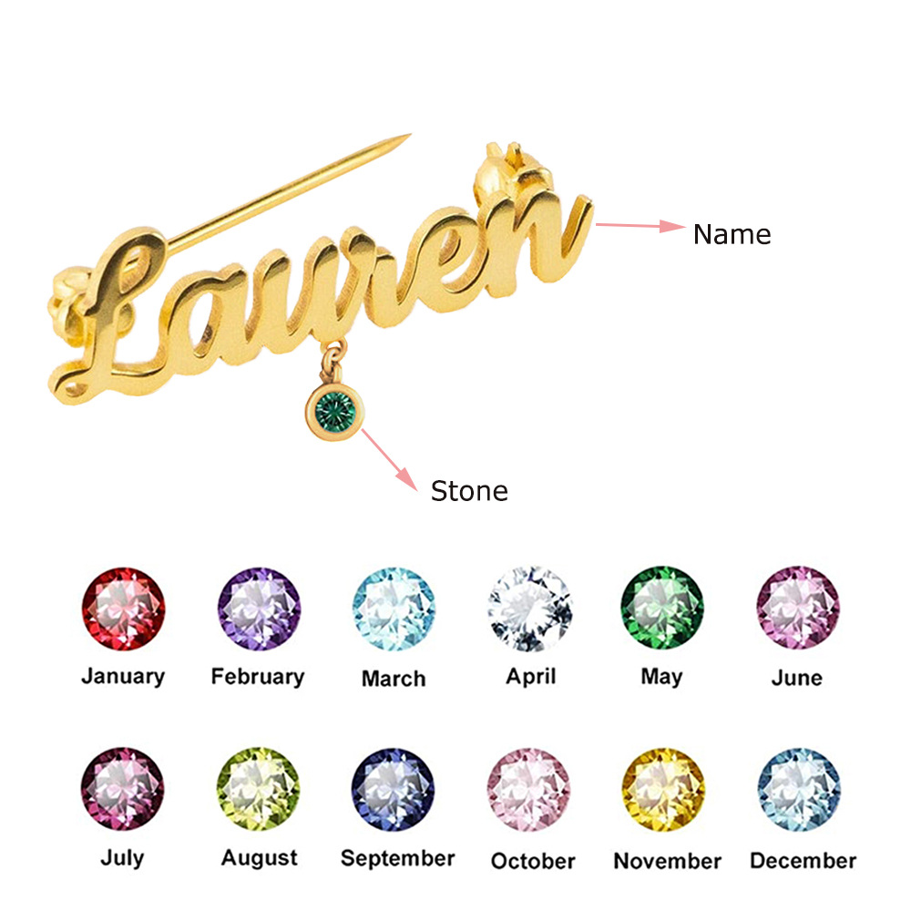 Sterling Silver Personalized Name& Birthstone Brooch for Women-3
