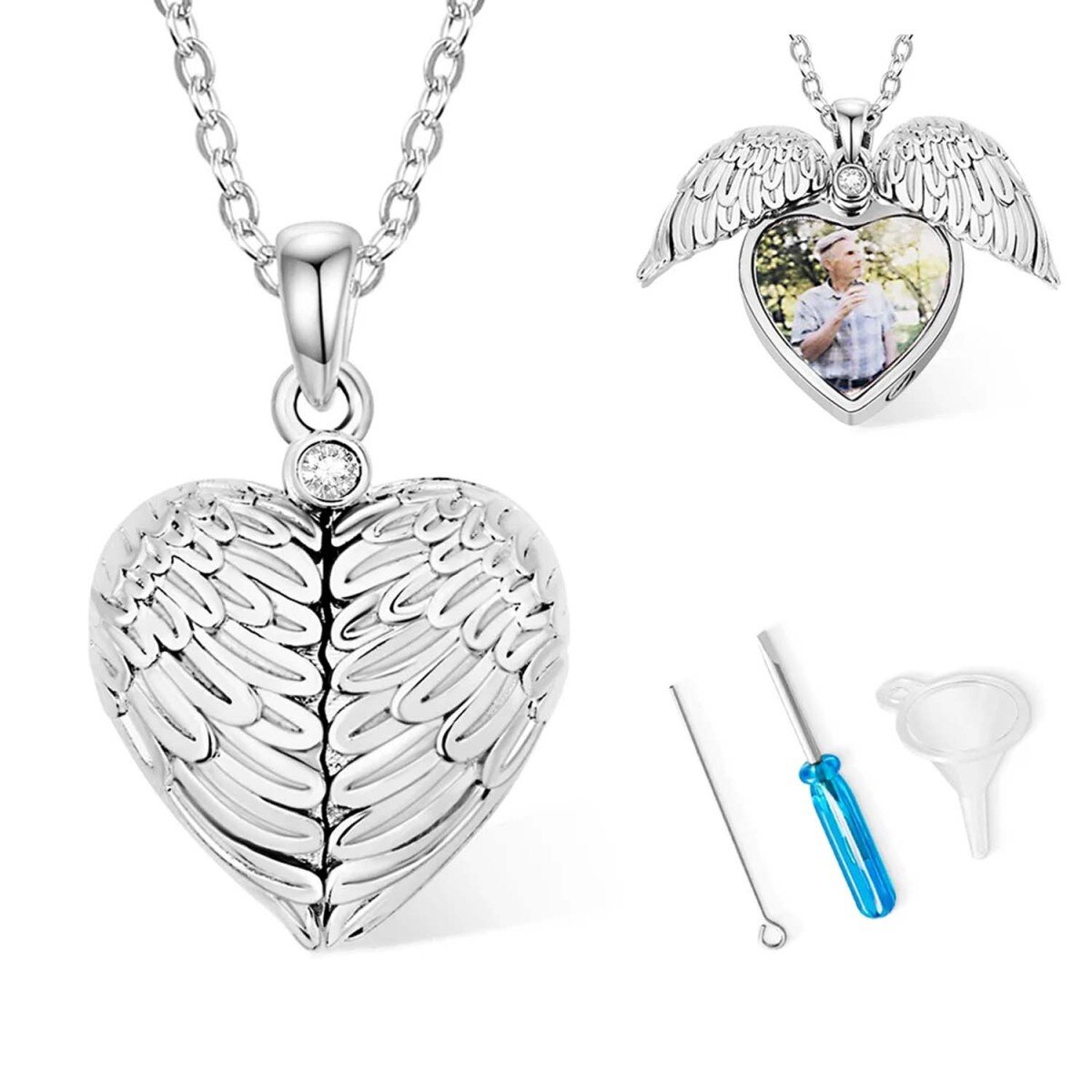 Collar de urna de ala de ángel con foto personalizada de circonita cúbica en plata esterlina para cenizas-1