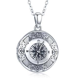 Sterling Silver Compass Personalized Photo Locket Necklace-4