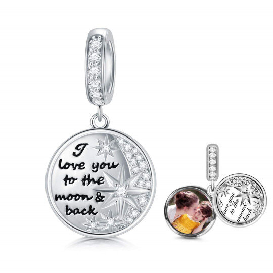 Charm penzolante in argento 925 con foto personalizzata e parola incisa