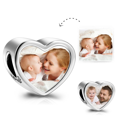 Charm en argent sterling avec photo personnalisée et perle en forme de coeur