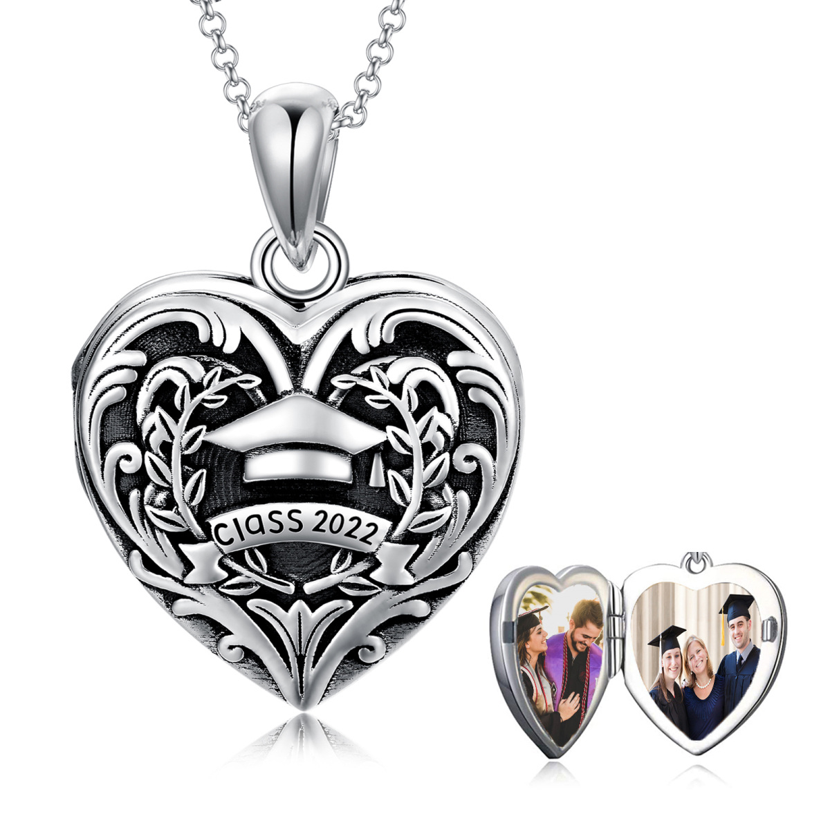 Plata de Ley Personalizada Foto & Corazón & Trencher Cap Collar Personalizado Foto Locket-1