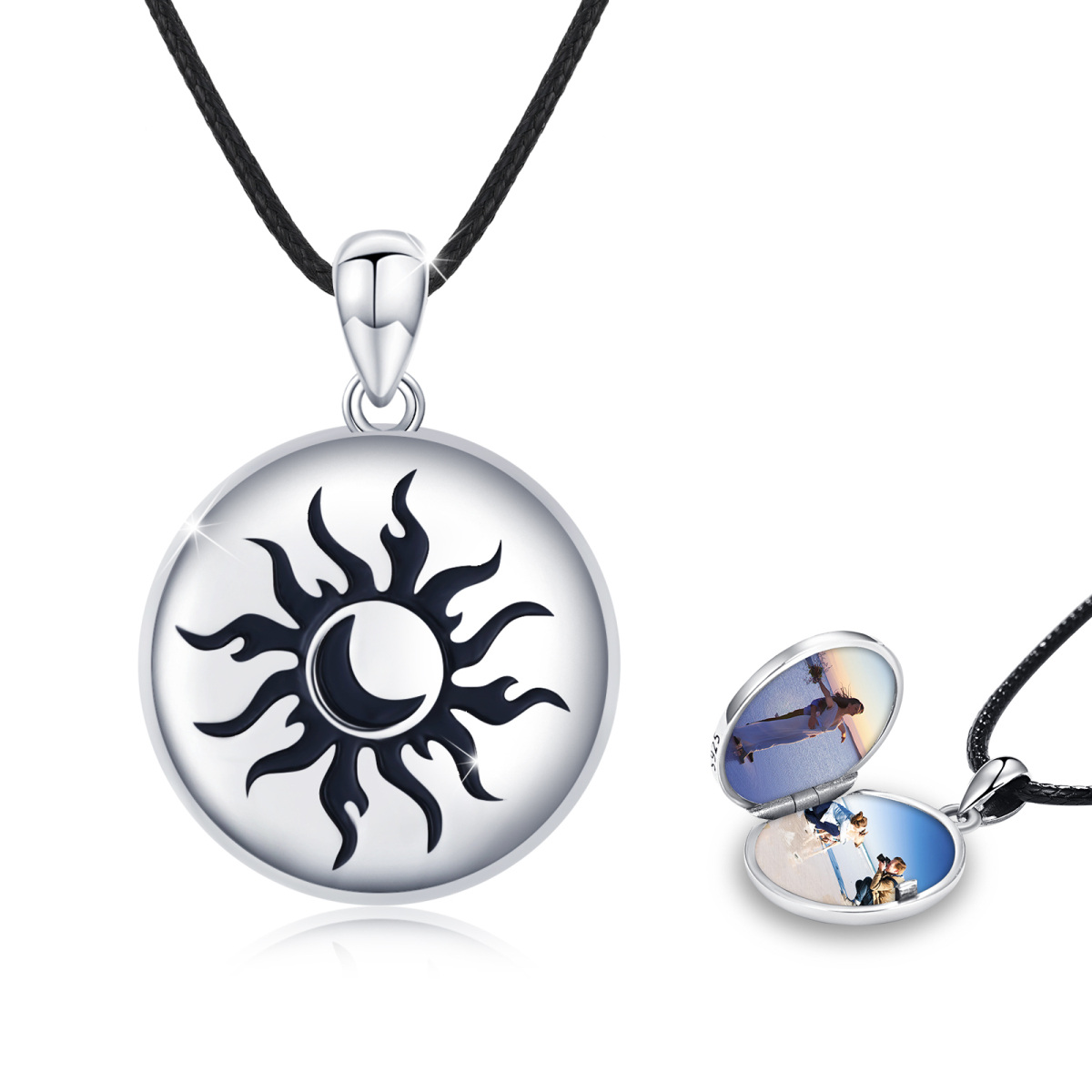 Sterling Silver Personalized Photo & Moon & Sun Personalized Photo Locket Necklace-1